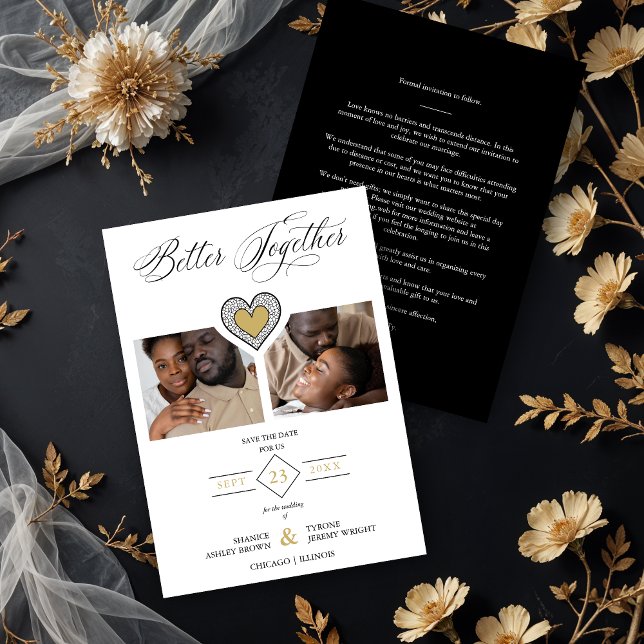 Black & Gold Sophisticated Better Together Quote Save The Date (Sophisticated Better Together Quote Black Fake Gold and Fake Lace Effect Heart 2 Photos Collage.)