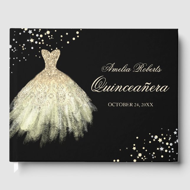 Black Gold Sparkle Dress Quinceanera Guest Book (Front)