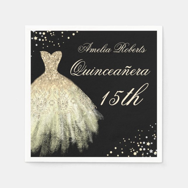 Black Gold Sparkle Dress Quinceanera Napkin (Front)