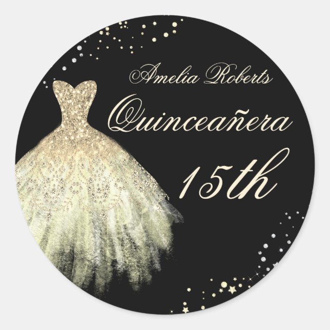 Black Gold Sparkle Dress Quinceanera Sticker (Front)