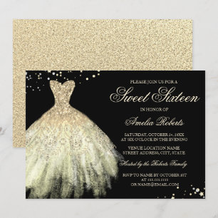 Black Gold Sparkle Dress Sweet Sixteen Invitation