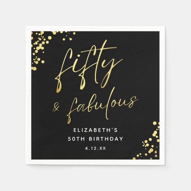Black Gold Sparkle Fifty and Fabulous Birthday Napkin (Front)