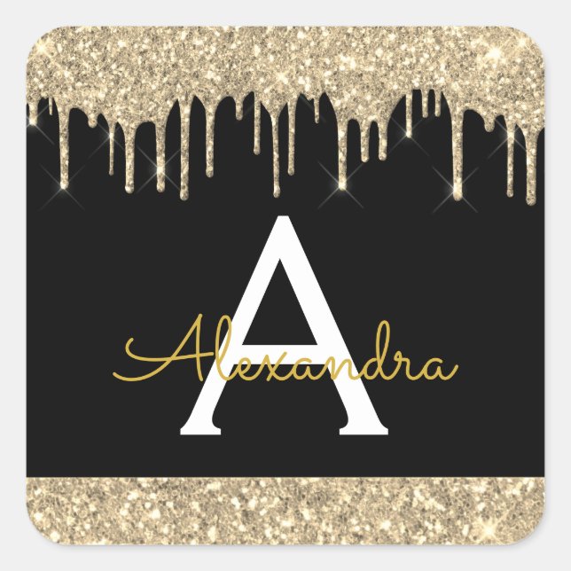 Black Gold Sparkle Glitter Monogram Square Sticker (Front)