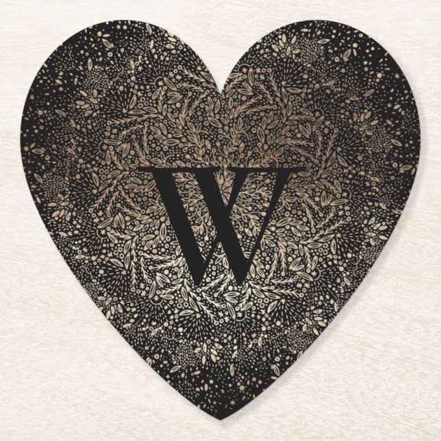 Black Gold Sparkle Snowflake Monogram Paper Coaster (Front)