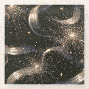 Black Gold Sparkle Stars Glass Coaster