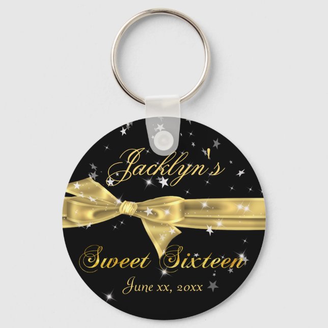 Black, Gold Sparkle Sweet Sixteen Party Favour Key Ring (Front)