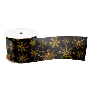 Black & Gold Sparkling Christmas Snowflakes Satin Ribbon