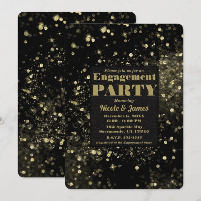 Black Gold Sparkling Lights Glam Engagement Party Invitation (Front/Back)