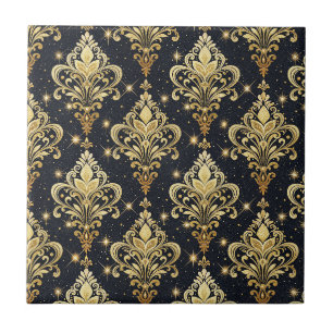 Black & Gold Sparkling Royal Floral Damask Pattern Ceramic Tile