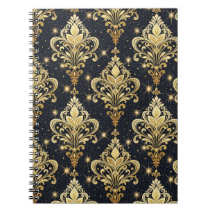 Black & Gold Sparkling Royal Floral Damask Pattern Notebook