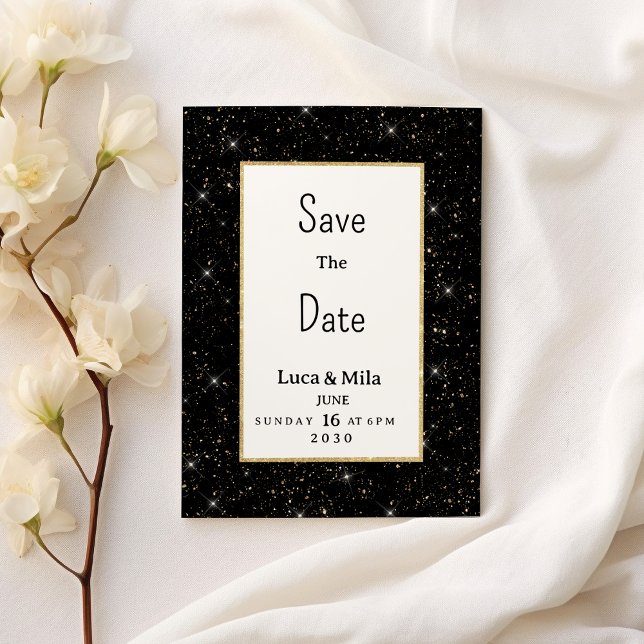 Black gold sparkly glitter confetti Save the Date Invitation (Black gold sparkly glitter confetti Save the Date)
