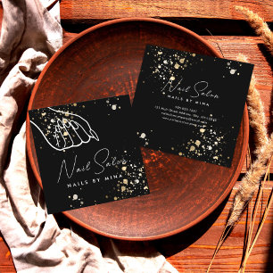 Black Gold Specks Hand Nail Salon Square Business Card