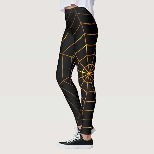 Black Gold spider web Halloween  Design Leggings (Left)