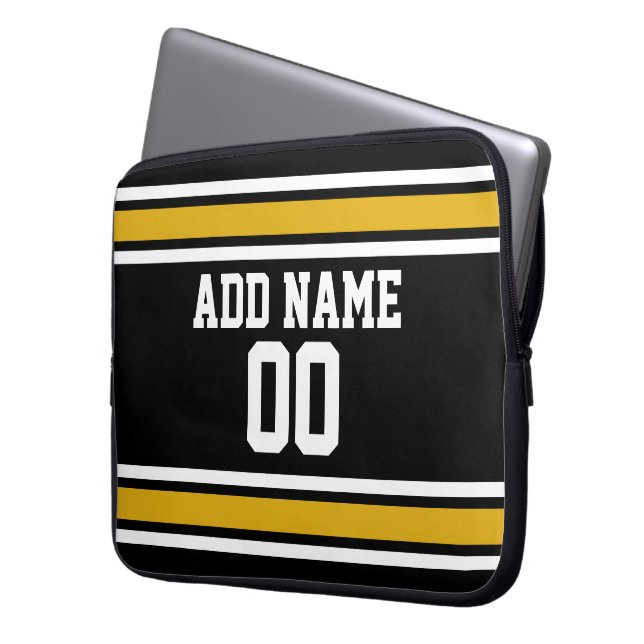 Black Gold Sports Jersey with Your Name and Number Laptop Sleeve (Front Left)