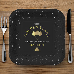 Black & Gold Star Golden Years 65th Birthday Paper Plate