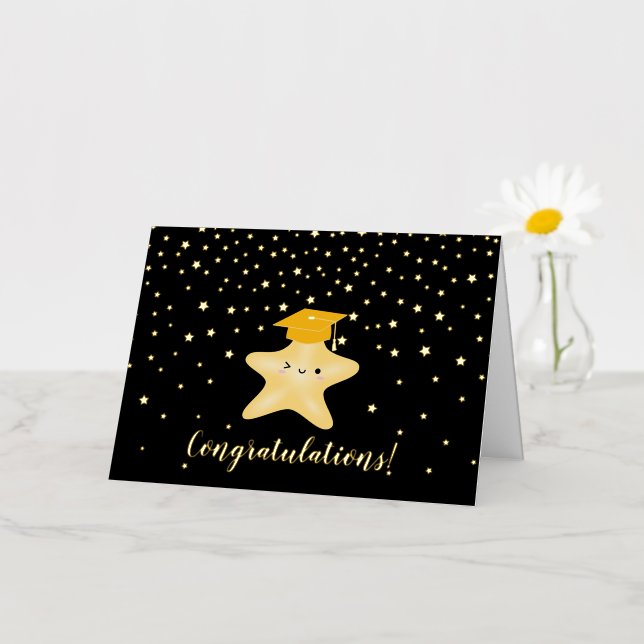 Black & Gold Star Graduation Congratulations Foil Greeting Card (Small Flower)