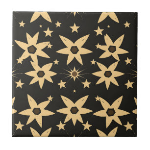 Black Gold Star Pattern Celestial Night Sky Ceramic Tile
