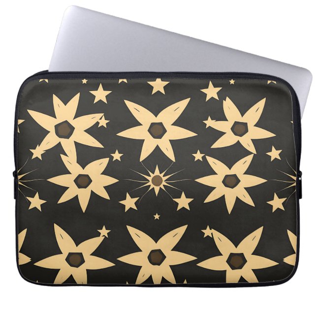 Black Gold Star Pattern Celestial Night Sky  Laptop Sleeve (Front)