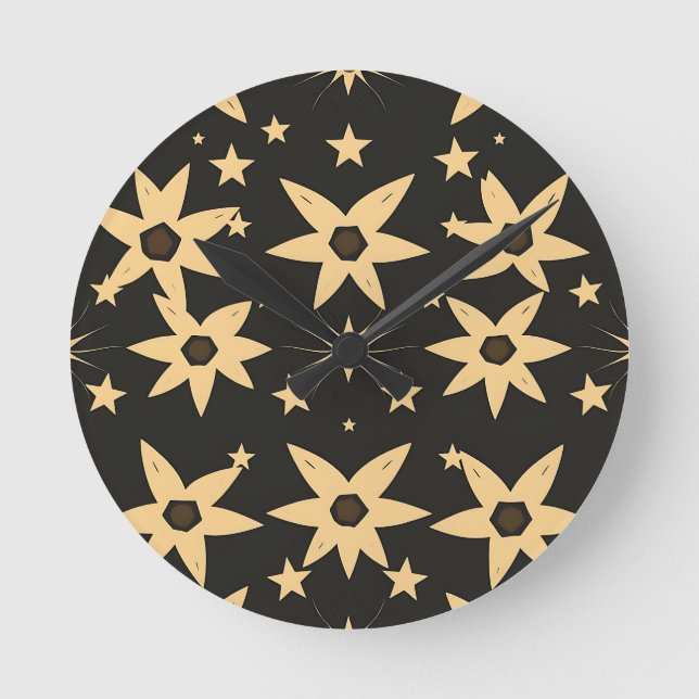 Black Gold Star Pattern Celestial Night Sky  Round Clock (Front)