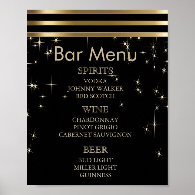 Black & Gold Starlights with Bars - Bar Menu Poster (Front)