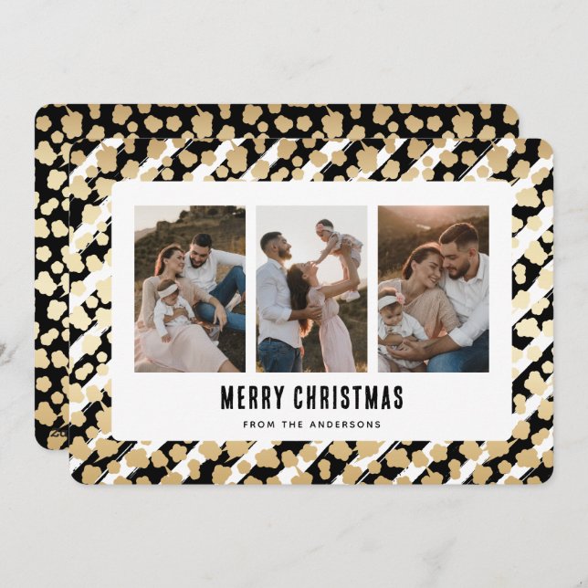Black Gold Stars 3 Photo Merry Christmas Card (Front/Back)