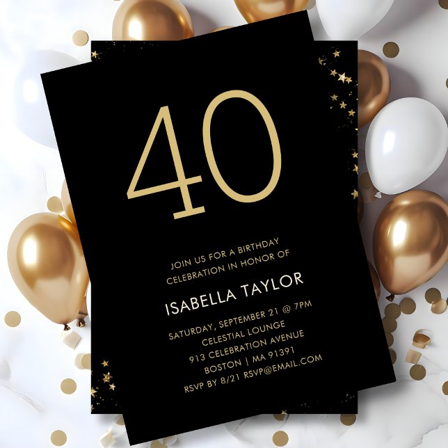Black & Gold Stars 40th Birthday Invitation (Creator Uploaded)