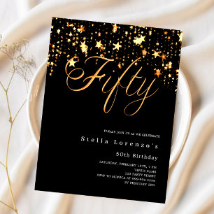 Black gold stars 50th birthday invitation
