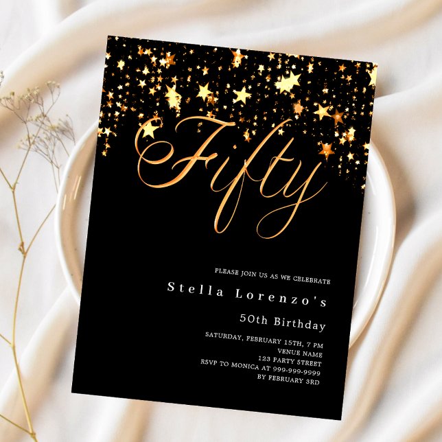 Black gold stars 50th birthday invitation (Creator Uploaded)