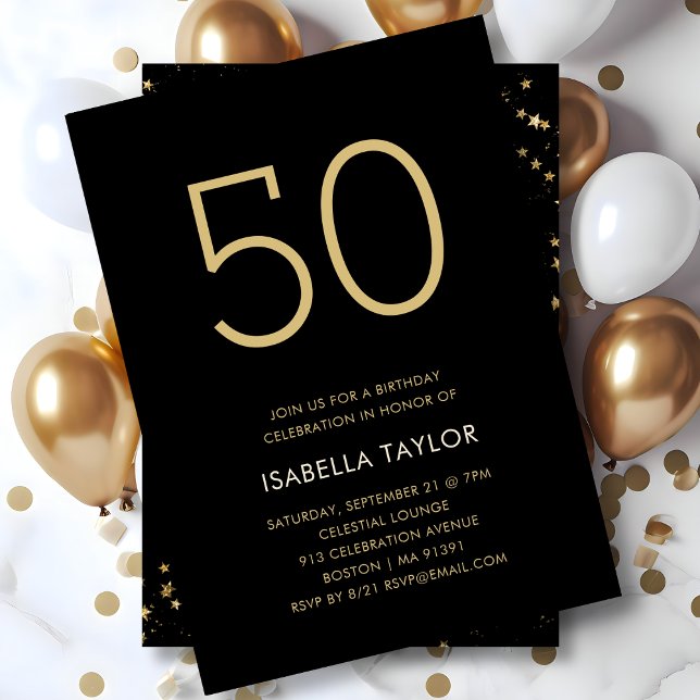 Black & Gold Stars 50th Birthday Invitation (Creator Uploaded)
