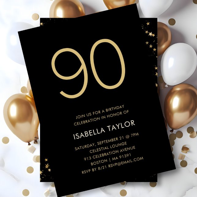 Black & Gold Stars 90th Birthday Invitation (Creator Uploaded)