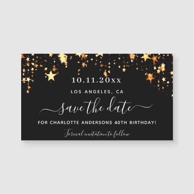 Black gold stars birthday save the date magnet (Front)
