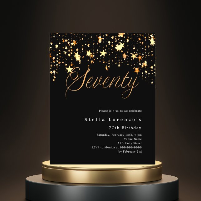 Black gold stars budget 70th birthday invitation (Creator Uploaded)