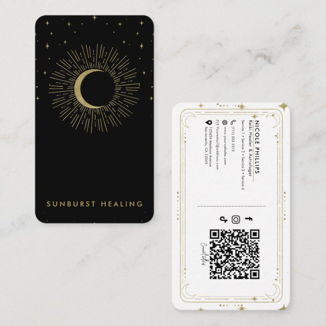 Black & Gold Stars Celestial Sunburst Moon QR  Business Card (Front/Back)