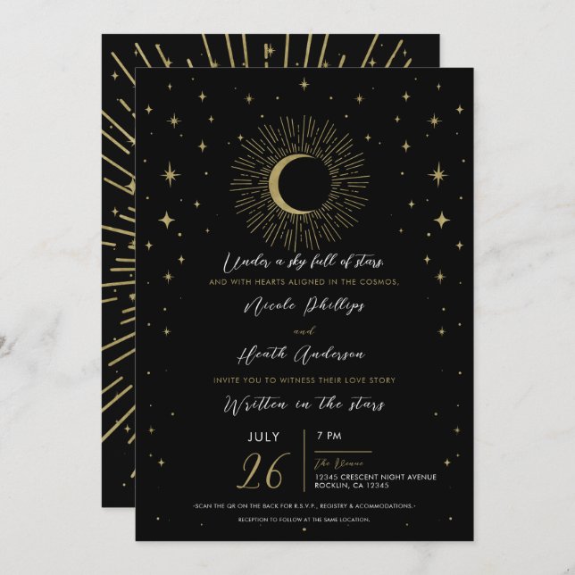 Black & Gold Stars Celestial Sunburst Moon Wedding Invitation (Front/Back)