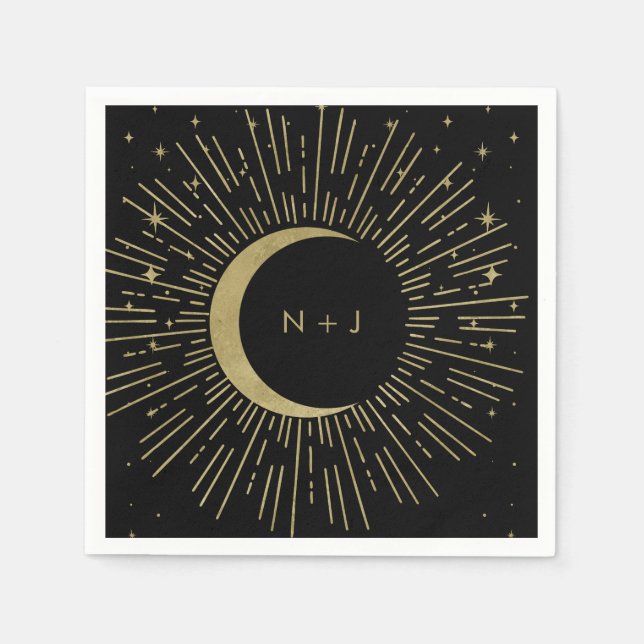 Black & Gold Stars Celestial Sunburst Moon Wedding Napkin (Front)