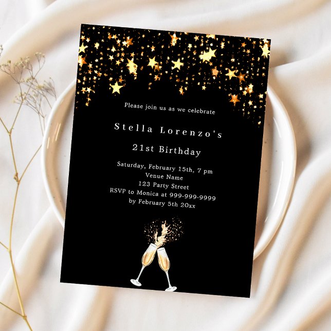 Black gold stars cheers luxury birthday invitation (Creator Uploaded)