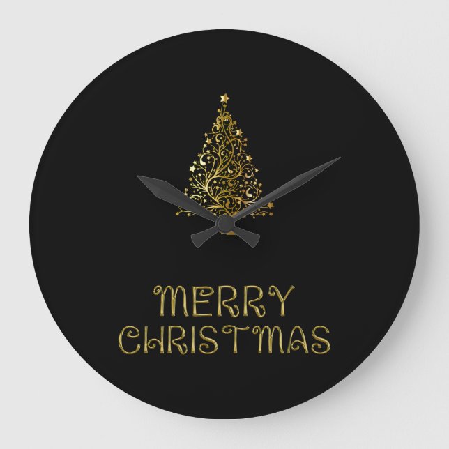 Black Gold Stars Christmas Tree Elegant Wall Clock (Front)