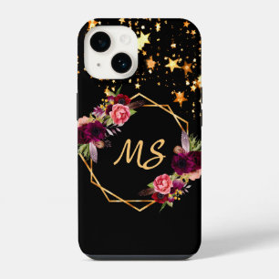 Black gold stars florals burgundy monogram iPhone 14 case