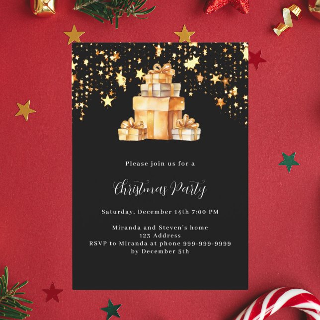 Black gold stars gifts Christmas Party Invitation (Creator Uploaded)