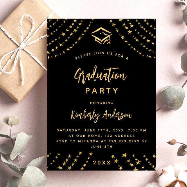 Black gold stars graduation party modern year invitation postcard (Creator Uploaded)