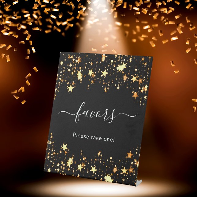 Black gold stars guest party favours pedestal sign (Creator Uploaded)