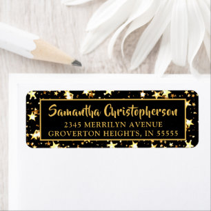 Black Gold Stars Handwritten Brush Script Return Address Label