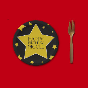 Black Gold Stars Hollywood Birthday Name Paper Plate