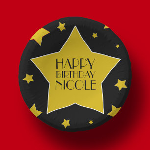 Black Gold Stars Hollywood Birthday Name Paper Plate