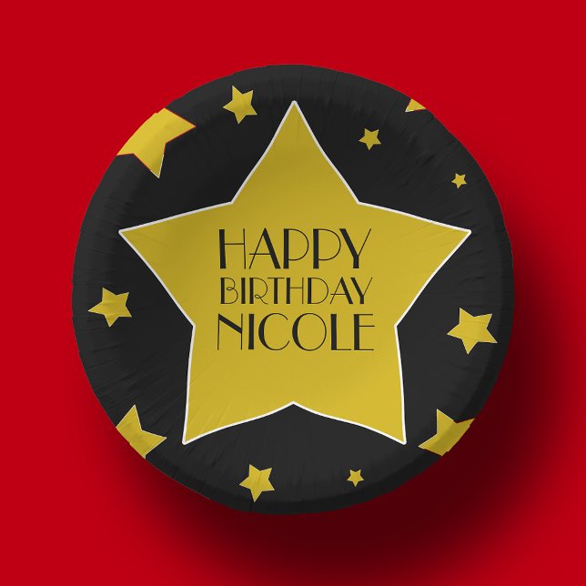 Black  Gold Stars Hollywood Birthday Name Paper Plate (Creator Uploaded)