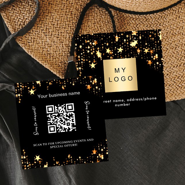 Black gold stars logo QR code Square Business Card (Creator Uploaded)