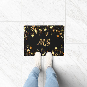 Black gold stars monogram elegant doormat