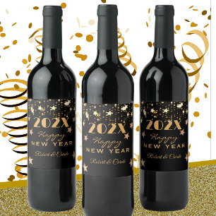 Black & Gold Stars Name Happy New Year (6) Wine Label