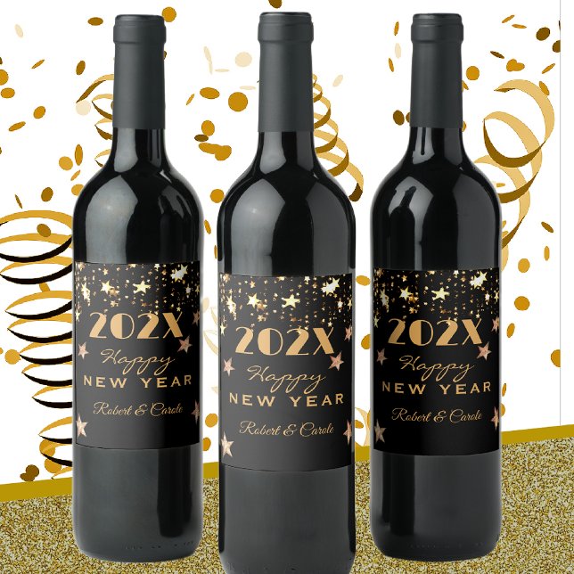 Black & Gold Stars Name Happy New Year (6) Wine Label (Creator Uploaded)