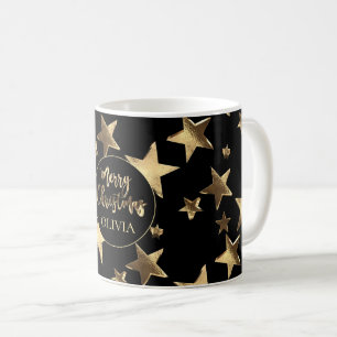 Black Gold Stars Pattern Add Name Merry Christmas Coffee Mug
